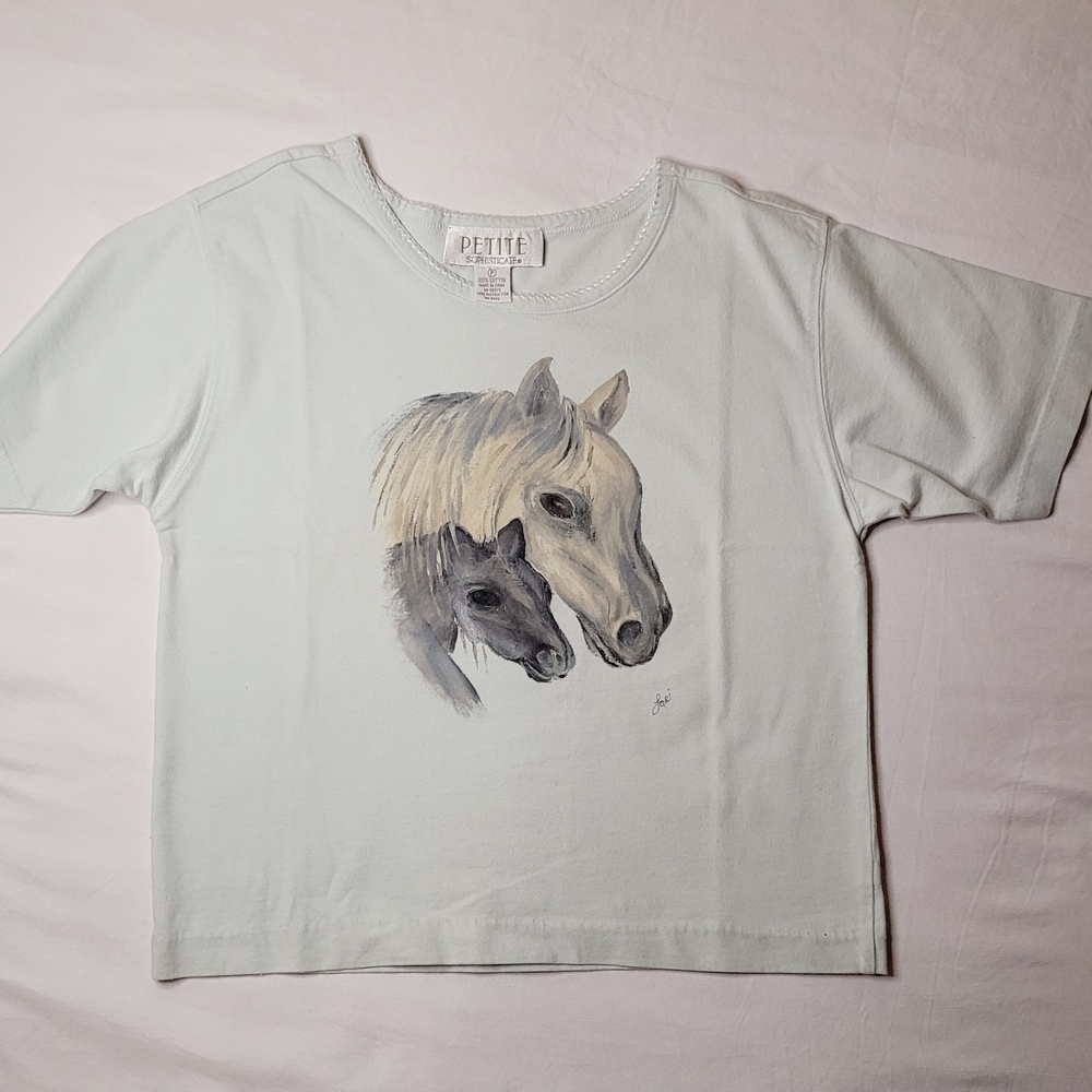 Horse Art Embroidered Cotton Petite T-Shirt Light Green M